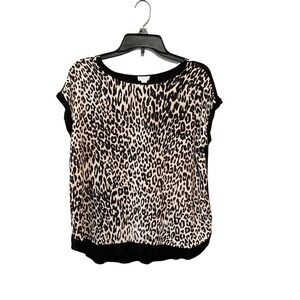 Spense Top Womens Large Black Orange Leopard Print Polyester Round Neck Pullover